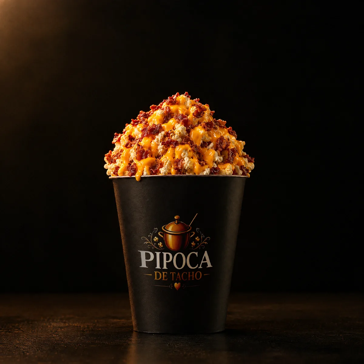 Pipoca com cheddar derretido e bacon crocante